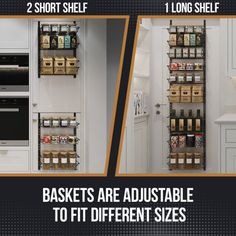 two shelves with baskets are attached to the wall in front of an oven and microwave