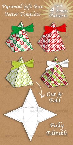 an origami christmas tree with four different patterns and instructions to make the top one