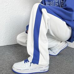 Waffle Wide-leg Trousers with Unisex Stitching White Color Block Bottoms For Streetwear, White Casual Bottoms With Contrast Trim, Casual White Bottoms With Contrast Trim, White Wide Leg Bottoms With Contrast Color, Casual White Color Block Pants, White Pants With Contrast Color For Spring, White Spring Pants With Contrast Color, Spring White Color Block Pants, Sports Pants Women