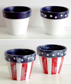 two pots with stars and stripes painted on them