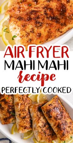 air fryer mahi mahi recipe on a plate with lemons