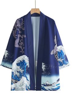 Kimono Dressing Gown, Kimono Japan, Kimono Outfit, Male Kimono, Blue Kimono, Animal Graphic, Wave Print, Print Kimonos