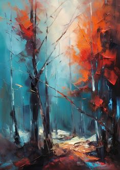 an abstract painting of trees in the woods