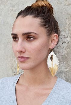 Leather Feather Earrings White with Gold Gilded Tip by TZain, $28.00 Handmade White Leather Earrings, White Leather Earrings As A Gift, White Leather Earrings Gift, White Leather Earrings For Gift, Leather Feather Earrings, Gold Tips, Feather Jewelry, Earrings White, Bohemian Earrings