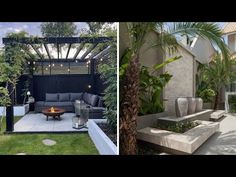 two pictures side by side, one with an outdoor living area and the other with landscaping