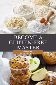 an image of some muffins with apples and cinnamon on the side that says become a gluten - free master