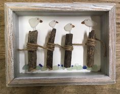 three birds are sitting on top of some sticks in a shadow box with twine