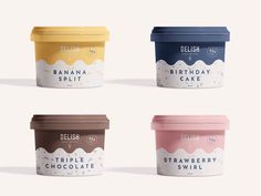 four different flavors of birthday cake ice cream in plastic containers on a white background with the words delish printed on it