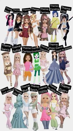 many different types of dolls are shown in this graphic style, with the names on them