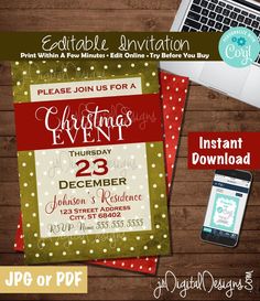 christmas party flyer with laptop and other items on wooden table next to phone, tablet