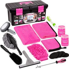 the pink cleaning kit is organized and ready to be used