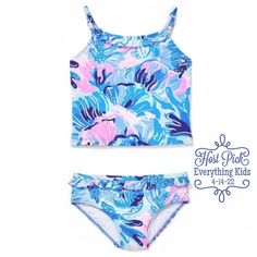 Lilly Pulitzer Emiko Tankini Upf 50+ Kids Swimsuit Little Swimmers Will Love Splashing Around In The Sun Wearing Lilly Pulitzer’s Emiko Tankini. Designed For Lilly Girls-In-The-Making, It Has Fun Details That Will Make Her Smile. Ruffles Decorate The Neckline And The Top Edge Of The Tankini Bottom. Great Addition To Your Lil Lilly’s Swim-Time Wardrobe. New With Tags In Original Manufacture Packaging. * 50+ * Ruffles * Nylon Spandex Swim (87% Nylon, 13% Spandex) * Machine Wash Cold Printed Tankini, Ruffle Swimsuit, Swimwear Sets, Cute Swimsuits, Blue Swimsuit, Tankini Set, Kids Swimming, Swimwear Girls, Matching Family Outfits