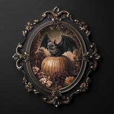 a bat sitting on top of a pumpkin surrounded by leaves and flowers in an ornate frame