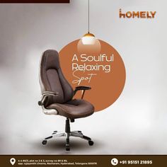 a brown office chair sitting in front of a round sign that says, a soulful relaxing spot