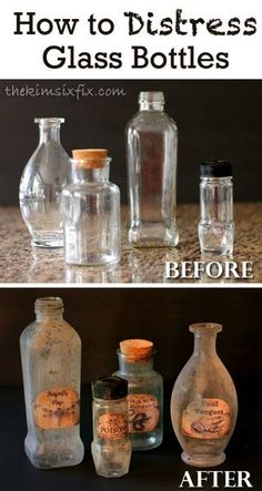 an image of glass bottles that are before and after being used to make soaps