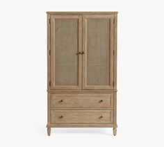 an armoire with wicker doors on the front and drawers in the back, against a white background