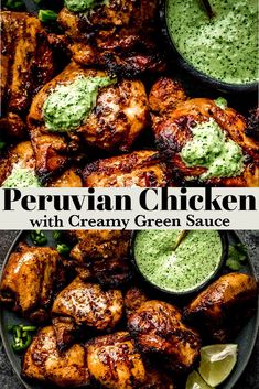 grilled chicken with creamy green sauce on a plate