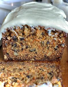 a loaf of carrot bread with cream cheese frosting