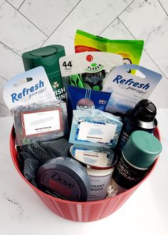 a red basket filled with personal care items