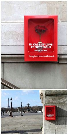 there is a red sign on the side of a building that says in case of love at first sight