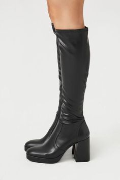 Knee-High Faux Leather Boots Polyurethane Wide Calf Knee-high Boots With Round Toe, Wide Calf Polyurethane Knee-high Boots With Round Toe, Fall Knee-high Platform Boots, Fall Knee-high Platform Boots In Polyurethane, Knee-high Polyurethane Boots For Fall, Knee-high Platform Boots With Zipper For Fall, Knee-high Polyurethane Boots Medium Width, Trendy Knee-high Polyurethane Boots, Thigh High Faux Leather Boots With Zipper