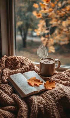 an open book and cup of coffee sit on a blanket next to a window sill