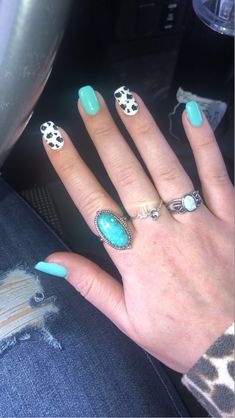 Teal Western Nails, Turquoise Country Nails, Teal And Cow Print Nails, Turquoise And Cow Print Nails, Western Nail Ideas Turquoise, Cowprint Nails Turquoise, Turquoise Nails Western Cow Print, Concert Nails