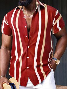 Men Striped Print Shirt Red Casual  Short Sleeve Fabric Striped Shirt Non-Stretch Summer Men Clothing, size features are:Bust: ,Length: ,Sleeve Length: Printed Shirts Men, Beach Shop, Top Streetwear, Formal Shirts For Men, Simple Shirts, Men Shirt Style, Hawaiian Shirts, Printed Sleeves, Striped Shirt