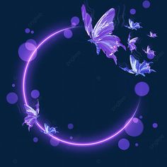 purple butterflies flying in the air around a circular frame with bubbles and circles on a dark background