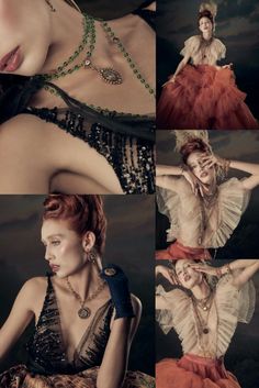 four different pictures of a woman with red hair and wearing an elaborate dress, necklaces and earrings