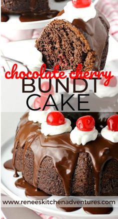 chocolate cherry bundt cake on a white plate with cherries in the middle and text overlay that reads, chocolate cherry bundt cake