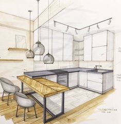 a drawing of a kitchen with an island table and chairs