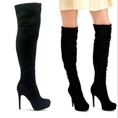 New W/Box Thalia Sodi Clarissa Black Faux Suede Over The Knee Heeled Boots. Size 9 Comfortable Stretch Meets Leg-Lengthening Lines And A Striking Stiletto Lift In The Ultra-Chic Clarissa Over-The-Knee Boots From Thalia Sodi. 4-3/4" Stiletto Heel; 7/8" Platform Almond-Toe Over-The-Knee Boots With Zipper Closure Microfiber Fabric Upper; Manmade Lining; Manmade Sole Created For Macy's Imported Web Id: 13136251 Winter Heels For Night Out, Winter Night Out Heels, Black Suede Heels, Stiletto Heel, Shoes Heels Boots, Over The Knee Boots, Over The Knee, Knee Boots, Faux Suede