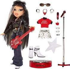 a doll with black hair holding a red electric guitar and wearing all black clothing, accessories and shoes