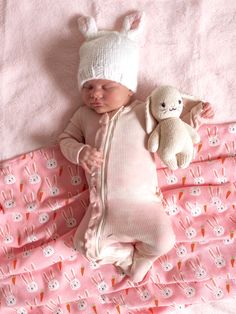 a baby laying on top of a pink blanket next to a stuffed animal