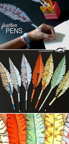 four different types of feathers are shown on the wristbands, and one has a rubber band around it