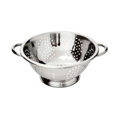 a stainless steel colander with holes in the bottom and handles, on a white background