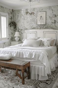 a white bed sitting next to a window in a room with floral wall paper on the walls