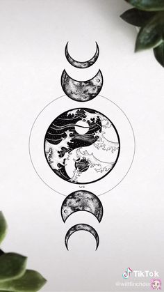 three phases of the moon in black ink on white paper with green leaves around it