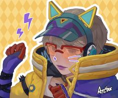 an anime character wearing glasses and a yellow jacket with a cat on it's head