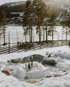 an outdoor table is surrounded by snow and trees