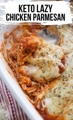 chicken parmesan in a white casserole dish with text overlay