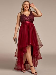 Plus Size Sleeveless Sequin Ribbon Waist Tulle High Low Evening Dress #color_Burgundy Sleeveless Tulle Sequin Dress For Party Season, Sleeveless Sequin Tulle Dress For Party Season, Homecoming Evening Dress With Contrast Sequin, Sleeveless Tulle Sequin Party Dress, Sleeveless Tulle Sequin Dress, Sleeveless Sequin Evening Dress For Prom, Sleeveless Contrast Sequin Evening Dress For Prom, Sleeveless Contrast Sequin Prom Dress, Holiday Sleeveless Evening Dress With Contrast Sequin