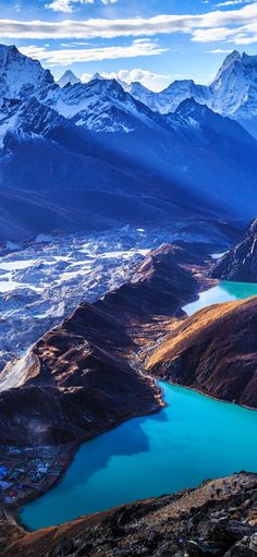 the mountains are covered with snow and blue water in the foreground is a lake surrounded by rocky terrain