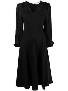 black stretch-design V-neck rear zip fastening long sheer puff sleeves flared skirt knee-length