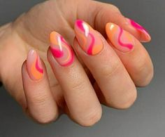 Fun Nail Designs, Almond Nails Pink, Orange Acrylic Nails, Summer Gel Nails, Tropical Nails, Broken Nails