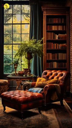 a living room filled with lots of furniture and bookshelves next to a window