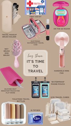 the contents of a travel bag are shown in this graphic style, including toiletries and other