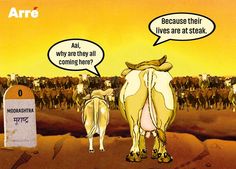 two cows standing in the middle of a desert with speech bubbles above them that say, because their lives are at steal