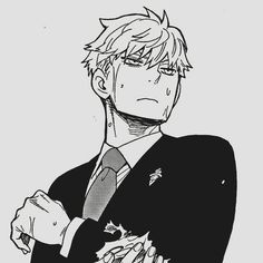 an anime drawing of a man in a suit and tie with his hand on his chest